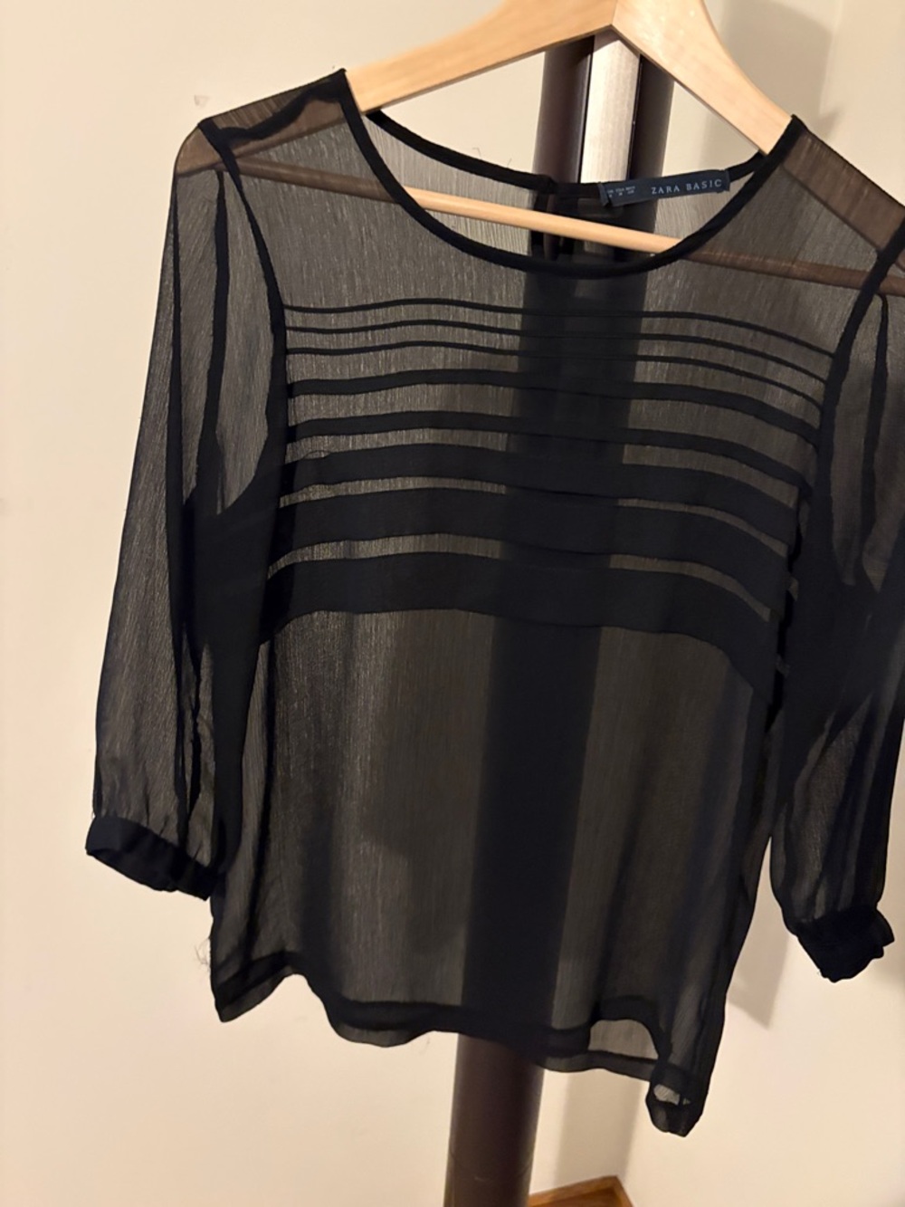 Zara Black Sheer Pintuck Detail Blouse